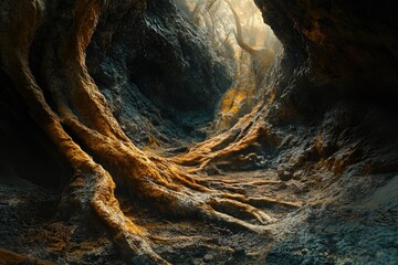 Poster - A mystical cave passage with giant, glowing roots, creating a surreal and enchanting atmosphere.