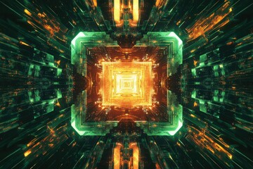 Poster - Abstract digital art depicting a glowing, symmetrical tunnel with orange and green hues, creating a futuristic and technological aesthetic.