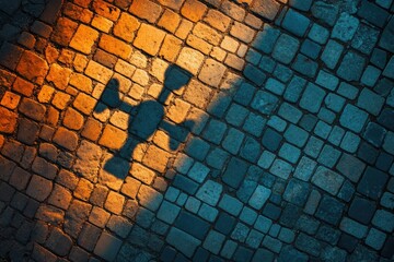 Aufkleber - A cross-shaped shadow cast on a cobblestone street, illuminated by warm light.