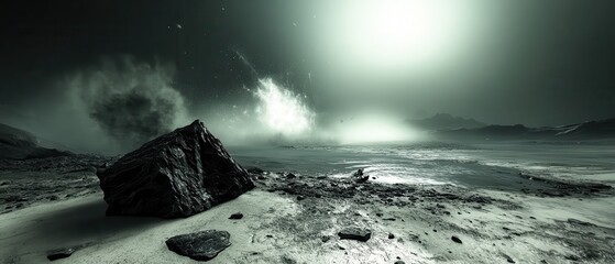 Wall Mural - alien planet rock by sea, stormy sky