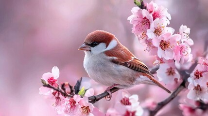 Naklejka na meble Early spring, sunshine and warmth concept. A charming bird perched on a branch adorned with vibrant pink blossoms, creating a serene and picturesque spring scene.