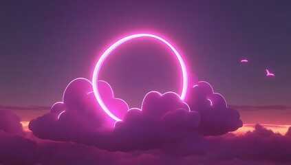 Wall Mural - neon ring in clouds at sunset