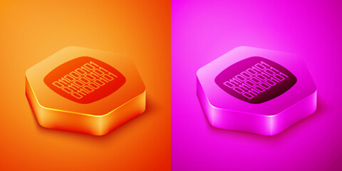 Wall Mural - isometric binary code icon isolated on orange and pink background. hexagon button. vector