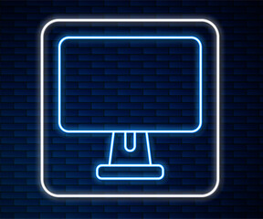 Wall Mural - Glowing neon line Computer monitor screen icon isolated on brick wall background. Electronic device. Front view. Vector