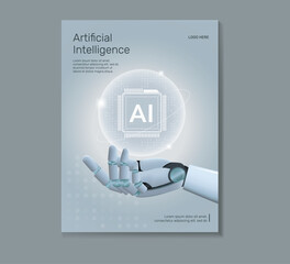 ai humanoid hand holding ai icon hologram poster brochure cover banner presentation layout template,