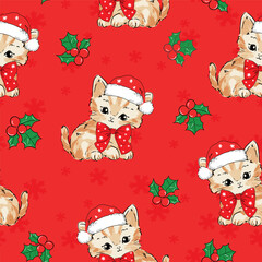Fototapete - Seamless Christmas Pattern with Cute Kitten in Santa Hat, Red Bow, Holly, and Snowflakes on Blue Background Vector Hand Drawn 