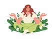 © Good Studio - Meditation in nature. Happy woman meditating, relaxing in zen pose, peace. Wellness, mental health concept. Calm female in balance, harmony. Flat vector illustration isolated on white background