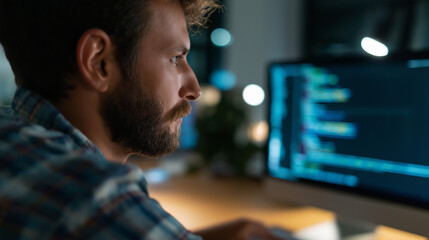 Wall Mural - blockchain coding: a young engineer in a tech office