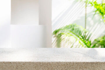 Wall Mural - tropical stone table top as mock up for product display montage on blurred white architecture backgr