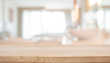 Wall Mural - wooden table top for product displays on deeply blurred resort bathroom background