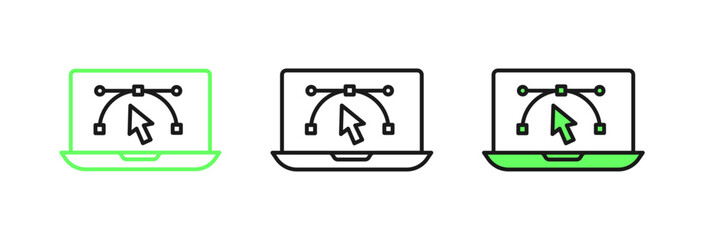 Set line Computer display with vector design program icon isolated on isolated on white background. Photo editor software with user interface. Vector