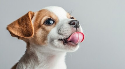 Poster - Happy corgi puppy looking playful with tongue out in bright white studio setting
