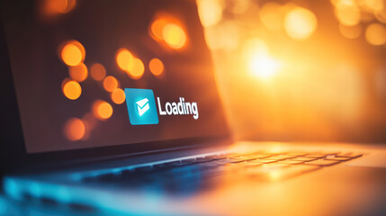 laptop screen displays loading symbol with blurred background of warm lights, creating modern and tech savvy
