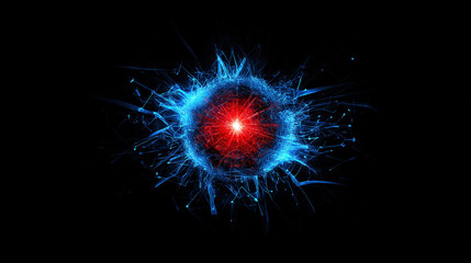 Luminous blue neural cell structure with radiant red core on black digital landscape. AI cybernetic system concept showcasing artificial intelligence innovation and technological data integration.
