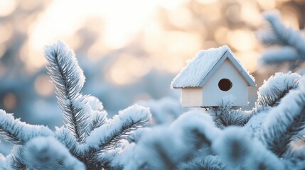 Poster - Little birdhouse resting on snowy pine branches in a pastel winter wonderland setting during golden hour