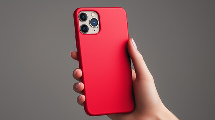 Hand holding a red phone case with a sleek design, set against a bright background. AI Generated Images