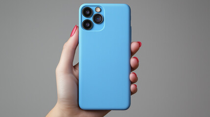 Hand holding a light blue smartphone with a plain background and vibrant nails. AI Generated Images