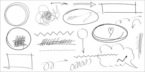 Leinwandbilder - Crayon scribbles, hand drawn arrows, highlights, grunge lines, scrawls, rough brush charcoal pen strokes, text underline strokes and emphasis marks. Set of Sketches of ellipse, rectangle, oval, mark