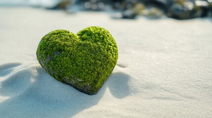 Aufkleber - Mossy heart-shaped stone rests serenely on white sand beach, capturing tranquility and connection with nature