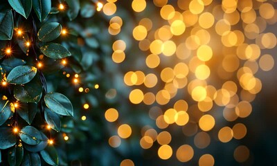 Wall Mural - Enchanting Warm Bokeh Lights and Lush Greenery Creating a Magical Holiday Ambience