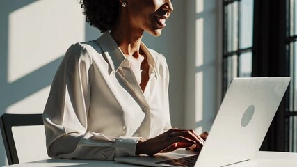 Aufkleber - Confident black businesswoman working efficiently at desk, typing on laptop with bright smile, engaging with professional project in sunlit modern office workspace