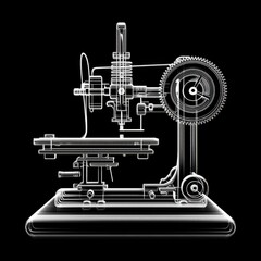 Poster - Precision Engineering: A Ghostly White Outline of a Complex Milling Machine Against a Stark Black Backdrop