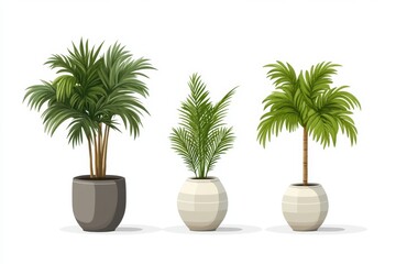 three potted palm trees in various styles against a white background creating a serene indoor garden