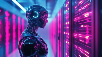 A futuristic robotic figure with a digital