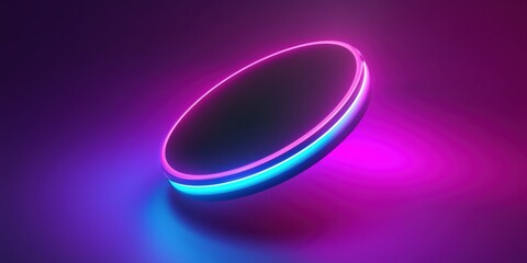 Wall Mural - 3d render of a smooth dark floating disc ringed with bright blue and pink neon lights casting soft g