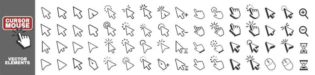 Fototapete - Cursors icons click set isolated on transparent. Pointer cursor and loading icon. Clicking cursor, pointing hand clicks icons.