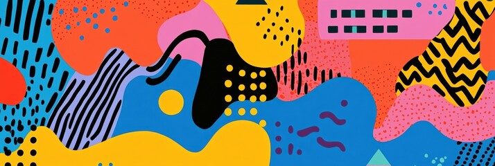 Fototapete - Colorful Memphis style abstract shapes with zigzags, dots, and triangles create a vibrant artistic display suitable for various creative uses