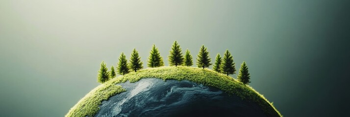 Poster - Minimal Earth outline with vibrant miniature trees showcasing harmony between nature and design in a clean aesthetic