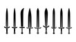 © bddesigner15 - Sword Collection: A striking graphic image showcasing an array of sleek, stylized swords with diverse designs. Each blade, a symbol of power, is presented in sharp detail and contrasting black.