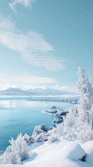 serene winter landscape featuring a tranquil lake surrounded by snow covered rocks and trees under a