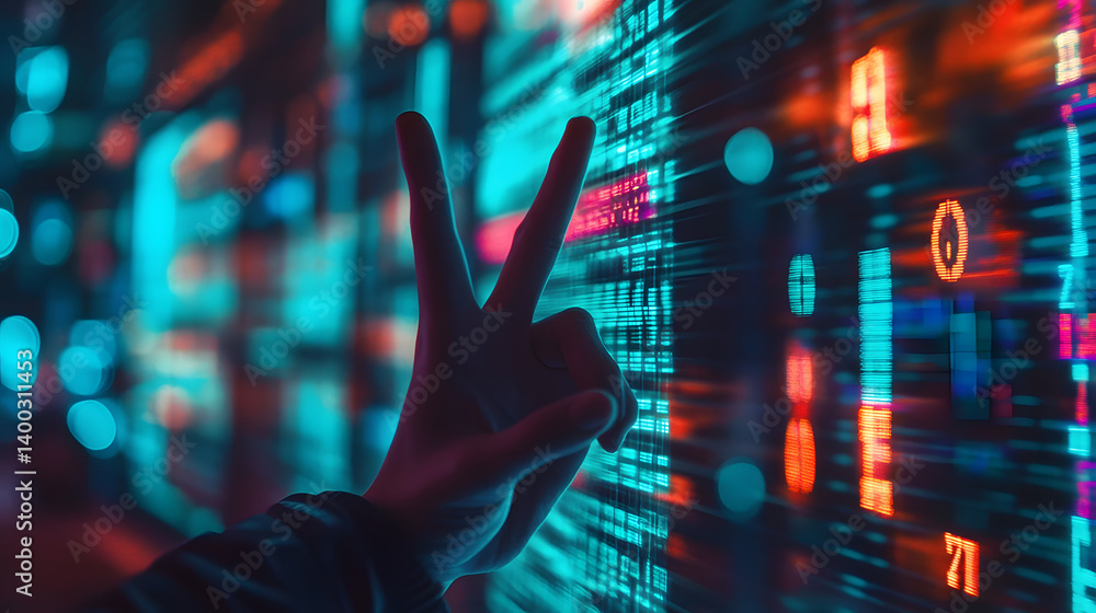 Vibe coding concept. Hand gesture with peace sign amidst glowing code ...