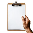 © ELmidoi-AI - Hand holding clipboard with blank paper isolated on transparent background. Perfect for presentations, medical reports, planning, education, checklists, or office memos.