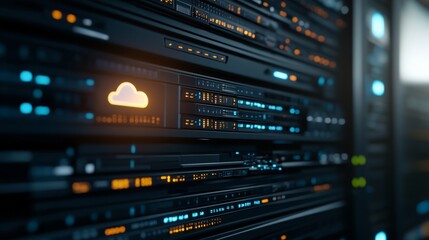Leinwandbilder - A cloud-shaped icon hovers over high-performance servers, radiating blue lights and surrounded by layers of binary digits, emphasizing advanced data processing