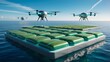 © Victor_Vebu - Advanced Drones Over Futuristic Offshore Algae Farms in a Serene Ocean Setting