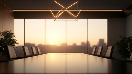 Poster - Modern office meeting room showcases a large glass table with ergonomic chairs. Soft natural light filters through the windows, enhancing the workspace