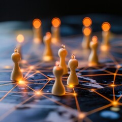 Strategic network of interconnected pawns representing global connections and digital communication with a warm glow
