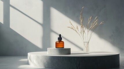 Aufkleber - Brown glass dropper bottle on a circular stone pedestal beside dried grass in a minimalist setting with soft shadows