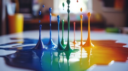 Aufkleber - A colorful explosion of ink expands on a white surface with droplets frozen mid-air, demonstrating the lively energy of artistic creation in a studio setting