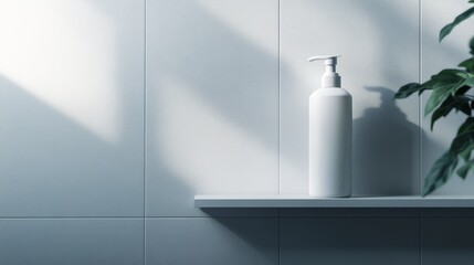 Fototapete - A smooth white plastic pump dispenser bottle is displayed on a wall-mounted shelf in a minimal bathroom, illuminated by gentle ambient lighting