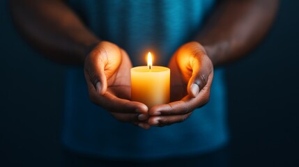 Aufkleber - Cupped hands gently embrace a softly glowing candle, radiating warm light and creating a tranquil atmosphere of peaceful solitude in the background