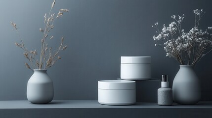 Aufkleber - Modern minimalist arrangement of vases and skincare containers on a gray shelf with dried flowers