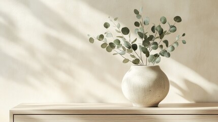 Aufkleber - Neutral-toned ceramic pot holds eucalyptus stems atop a light oak sideboard, while sharp morning light casts angular shadows on a smooth beige wall