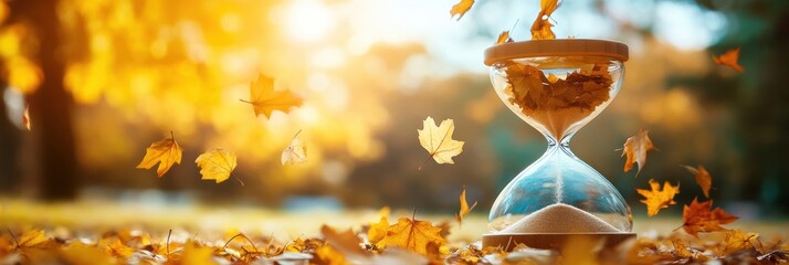 Aufkleber - Hourglass filled with falling leaves symbolizes the natural passage of time in a serene autumn setting