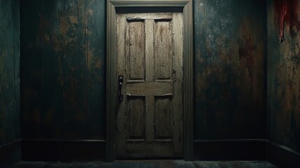 Poster - A weathered wooden door with chipped paint and cracks showcases its rustic texture, illuminated by soft, diffused light, inviting exploration and curiosity
