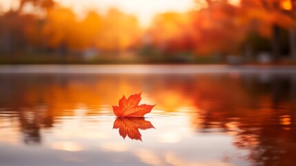 Poster - A lone autumn leaf drifts on the calm surface of a pond, its vibrant reflection capturing the enchanting hues of surrounding trees under soft light