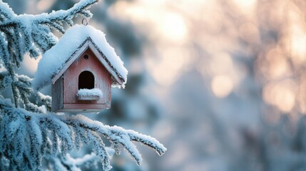 Leinwandbilder - Charming birdhouse nestled among snowy pines, creating a serene winter fairytale setting